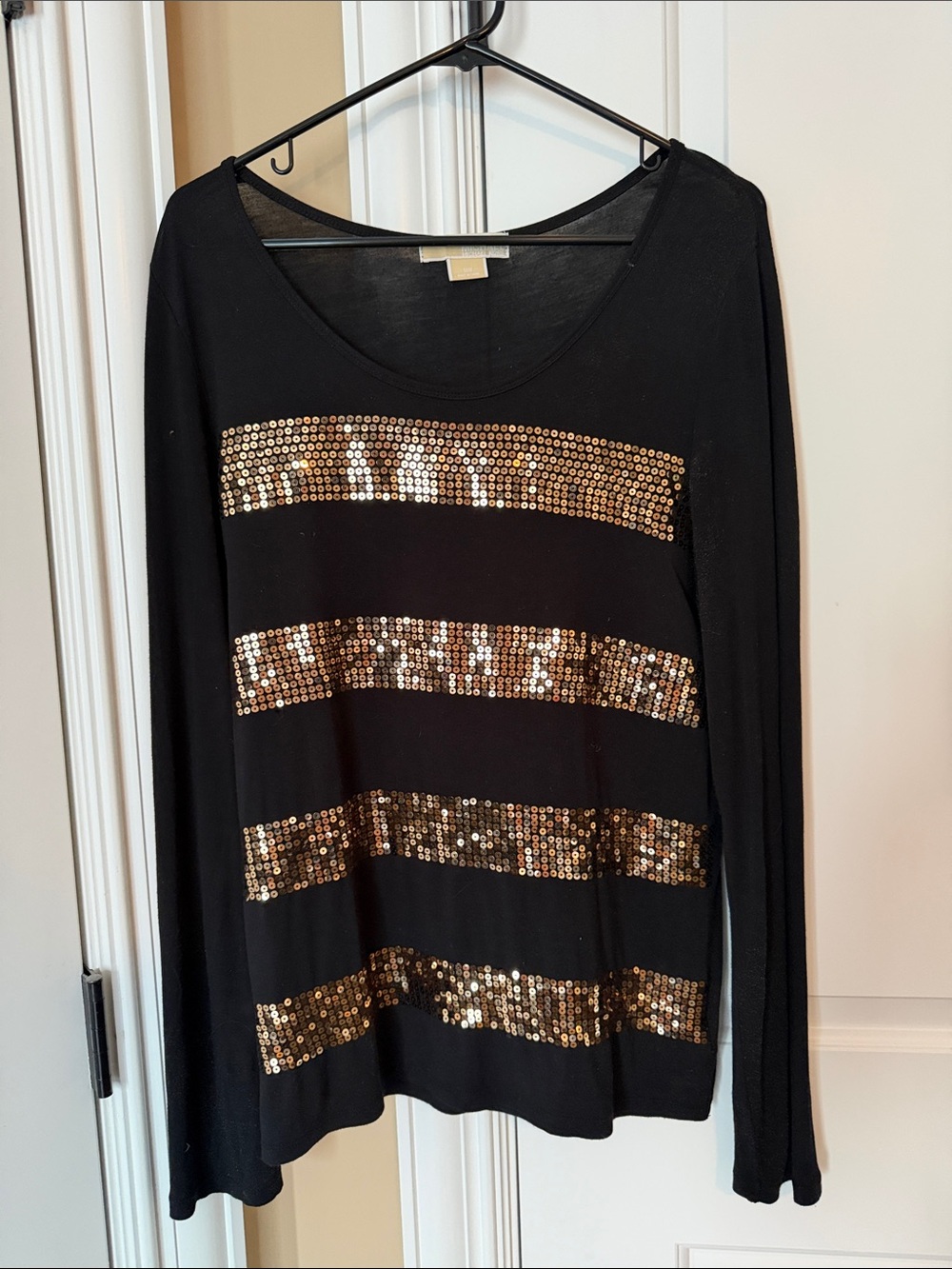 Michael Kors Black Long-Sleeve Tee with Gold Sequin Stripes